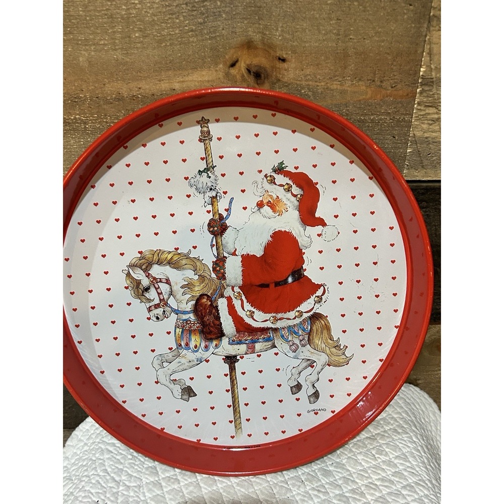 VTG 1991 Giordano / Giftco Santa Riding A Carousel Horse Round Metal Tin Tray